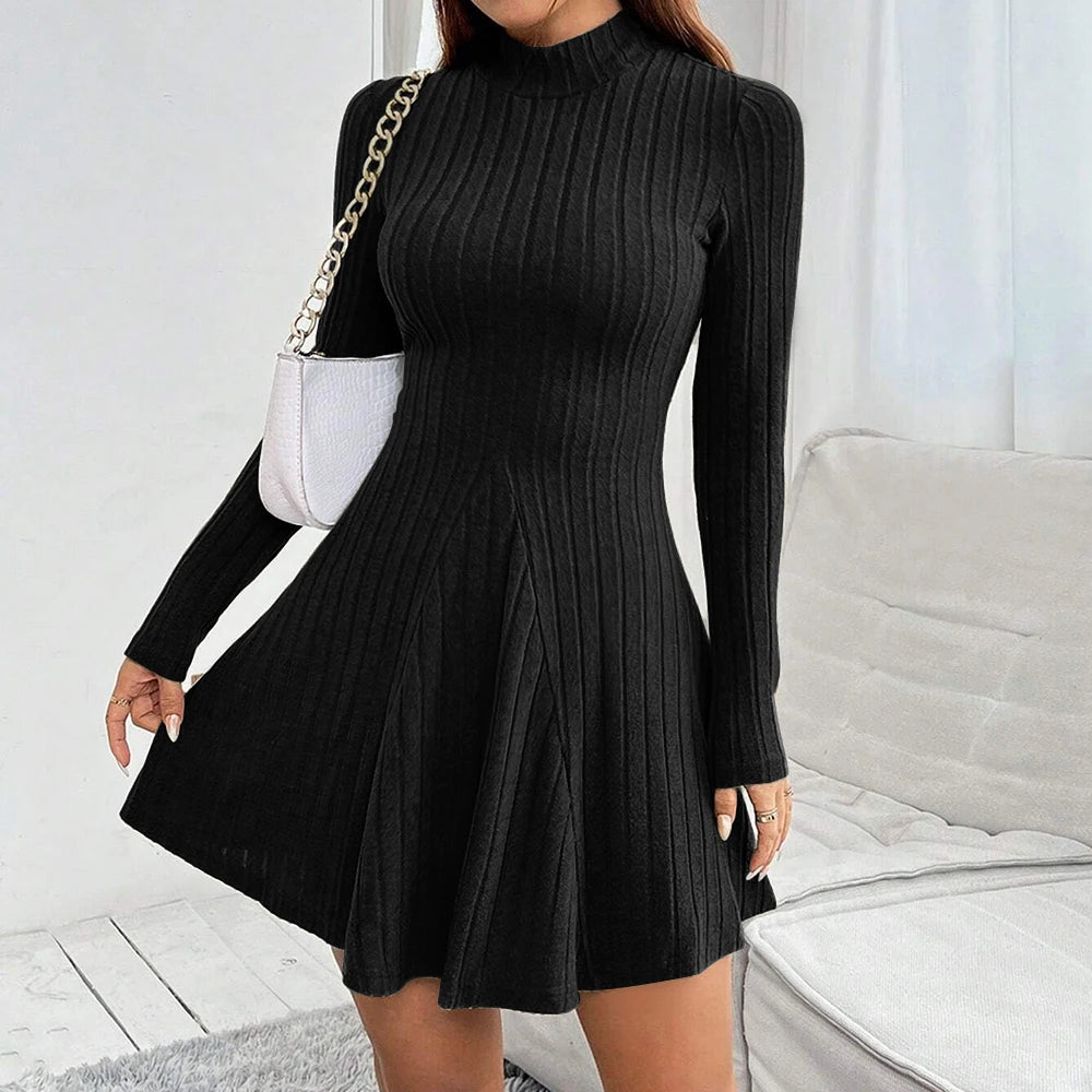 Elegantes Damenkleid mit Stehkragen – A-Linien-Schnitt & lange Ärmel
